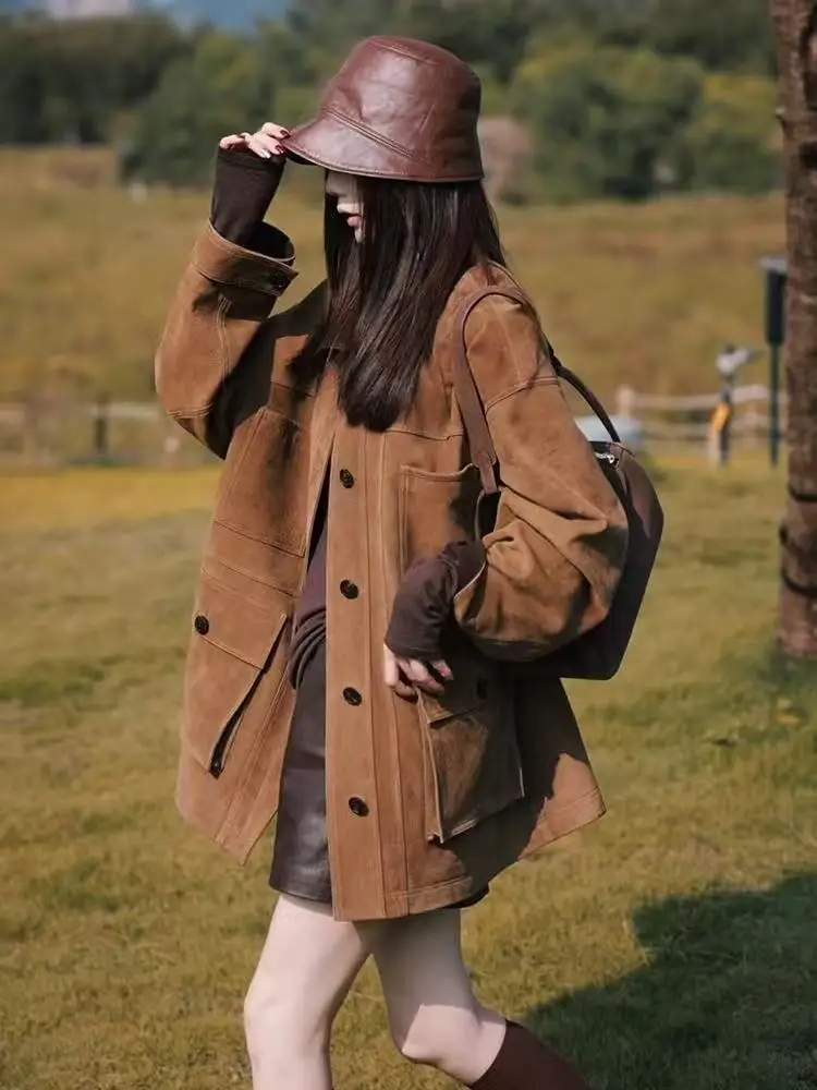 2026 New Merad Kusa Medium and Long Brown Suede Jacket Women's Autumn and Winter Thickened