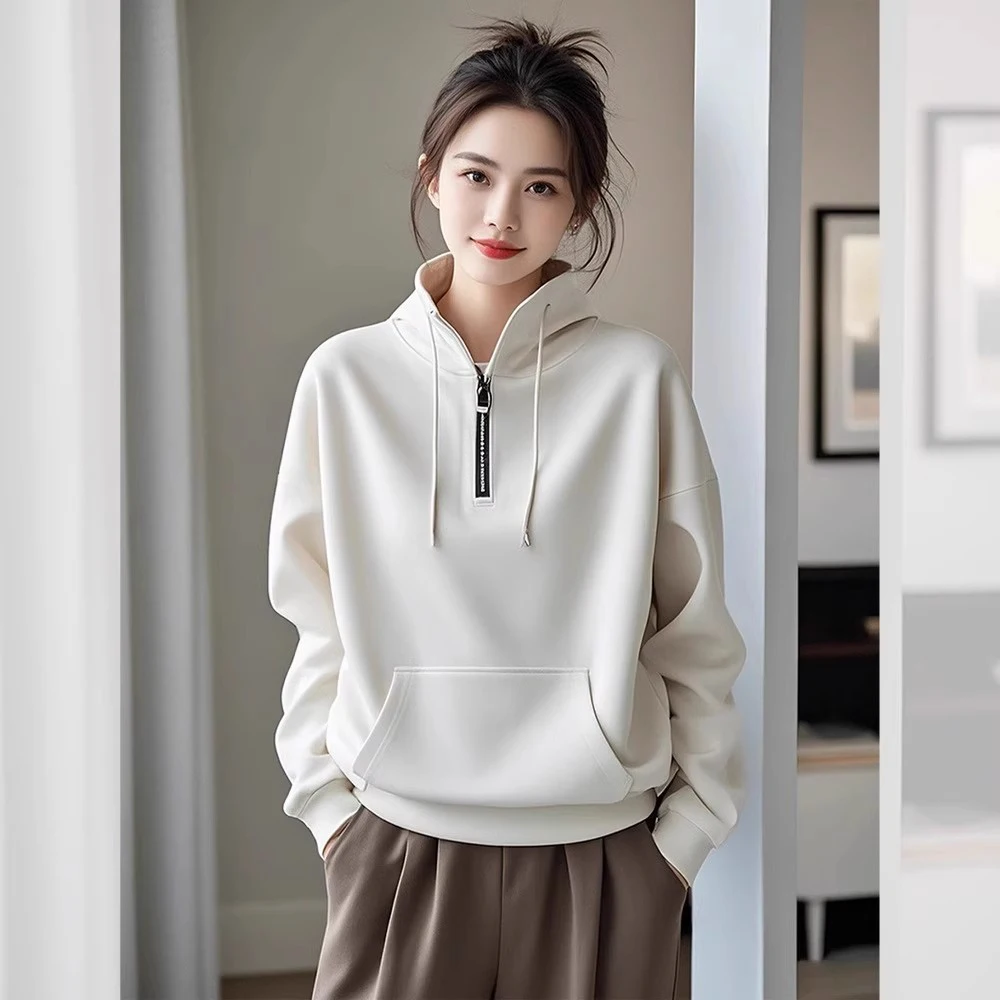 

New Women Plus Velvet Sweatshirt Autumn Winter Fashion Zipper Turtleneck Long Sleeve Loose Pullover Casual Basic Sweatshirt