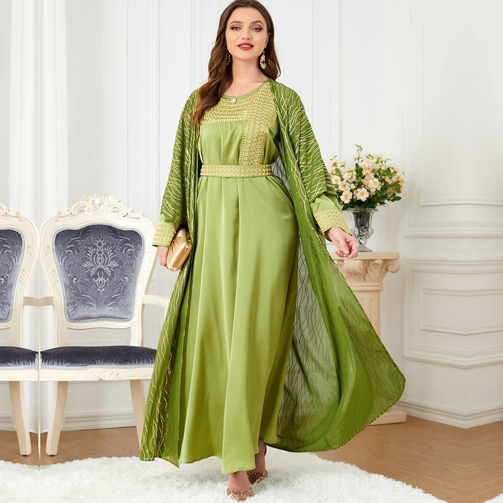 Uni Muslim Fashion Chic And Elegant Luxury Woman Dress 2022 O-Neck Long Dresses 2 Piece Sets Embroidery Belted Kaftan Ramadan