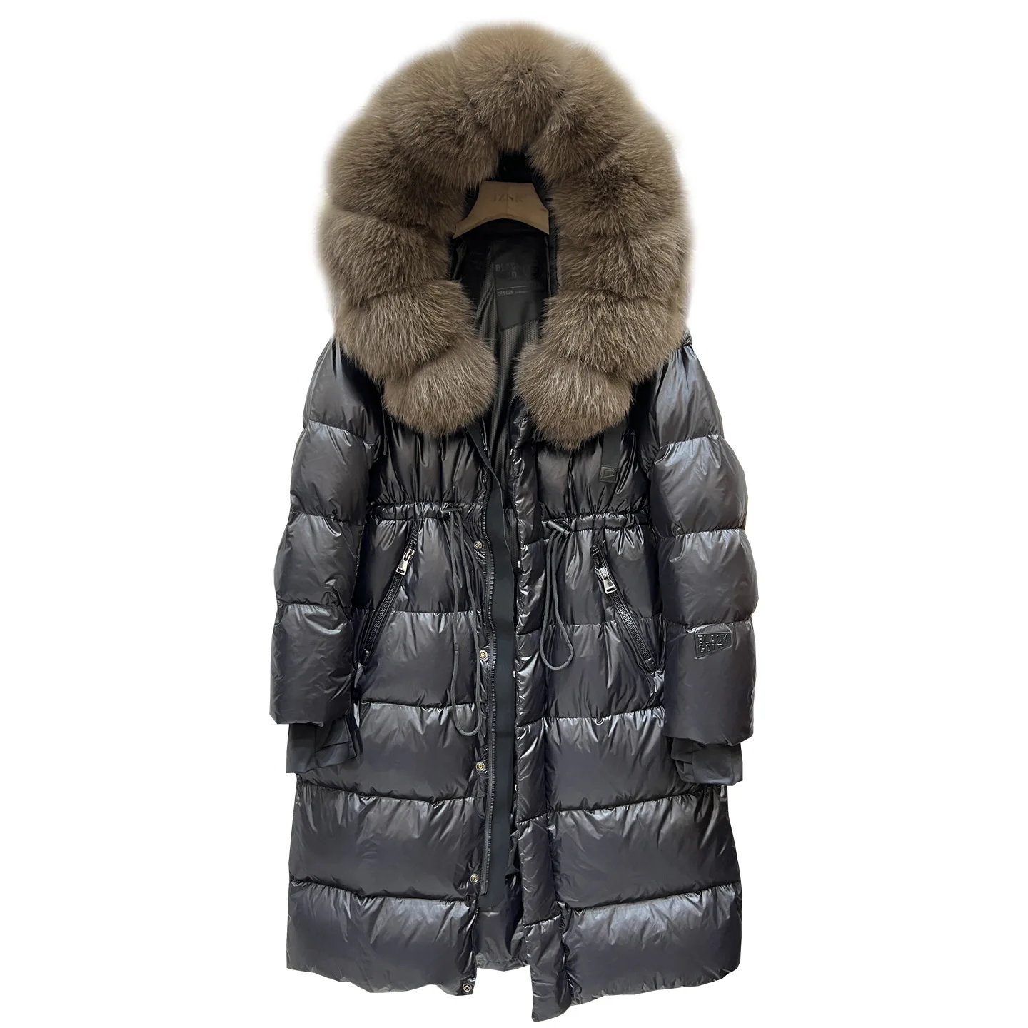 

Новая европейская женская удлиненная пуховая куртка 2025 года с большим воротником из меха лисы, на белом утином пуху, свободного кроя, утепленная, с поясом на талии