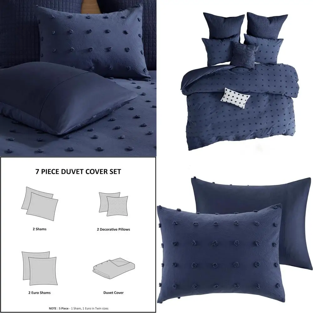 

Темно-синий комплект пододеяльников из 7 предметов из хлопка и жаккарда с тафтинговыми акцентами, полный/королева, стиль потертого шика