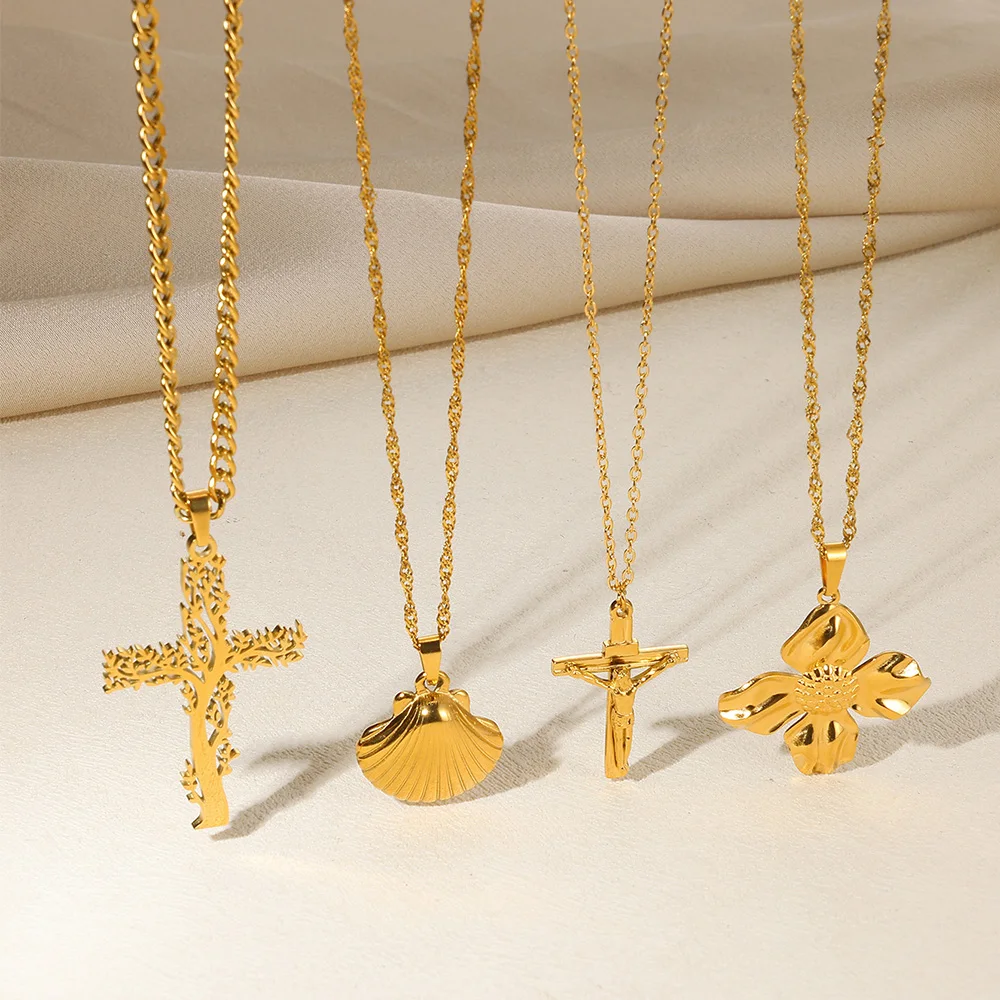 Gold Color Flower Shell Charm Necklace Women Men Tree Of Life Cross Choker Distinctive Stainless Steel Jewelry Thick Chain Gifts