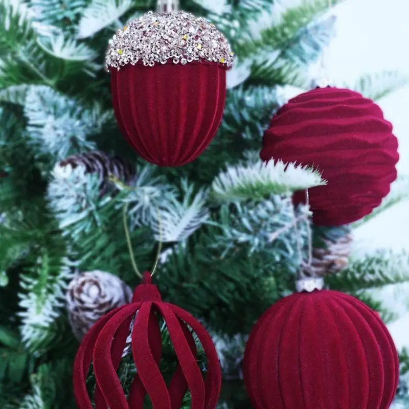 4pcs 8cm Flocked Balls Ornaments for Christmas Tree Wine Red Christmas Wedding Decorative Balls Shatterproof Engagement Ornament