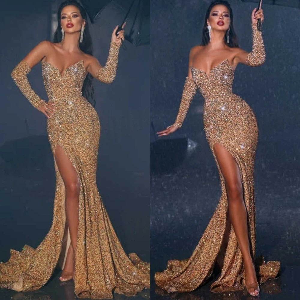 

Customized Sparkly Crystal Mermaid Evening Dress Exquisite Strapless Prom Dresses Temperament Side Slit Special Occasion Gowns