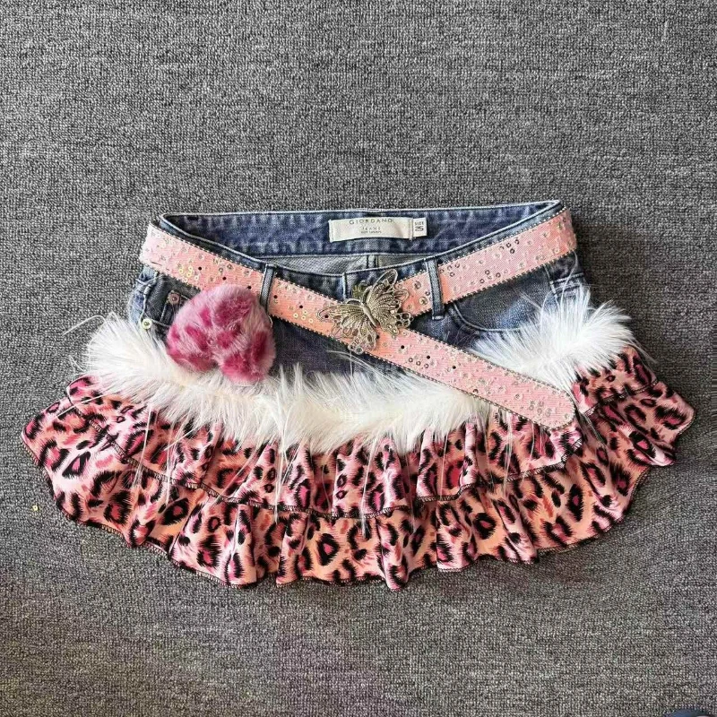Y2k  Leopard Mini Skirt Patchwork Denim American Vintage 2000s Sexy Subculture Harajuku Streetwear Style Random Denim Summer