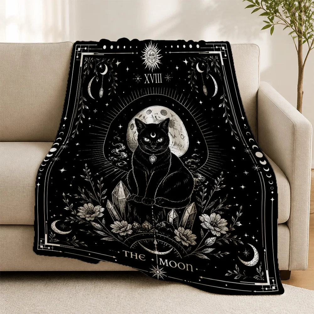 Decorative Celestial Moon Cat Throw Blanket Sofa Decor Bohemian Astrology Witchy Gothic Cosmic Plush Tapestry for Living Room Ho