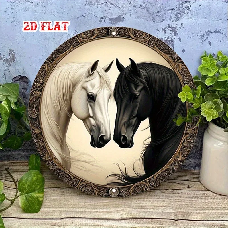 2D Flat, Vintage Horse Head Wall Art - Beige & Brown Equestrian Decor with White & Black Horse Design, Rustic Farmhouse for Home