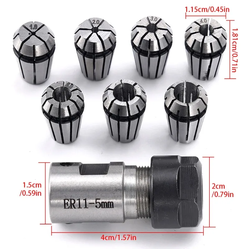 8Pcs ER11A Set Extension Rod Set 5mm Inner Shaft Holder with 7Pcs 1-7mm ER11 Spring Collets CNC Engraving Lathe Milling Tool Kit
