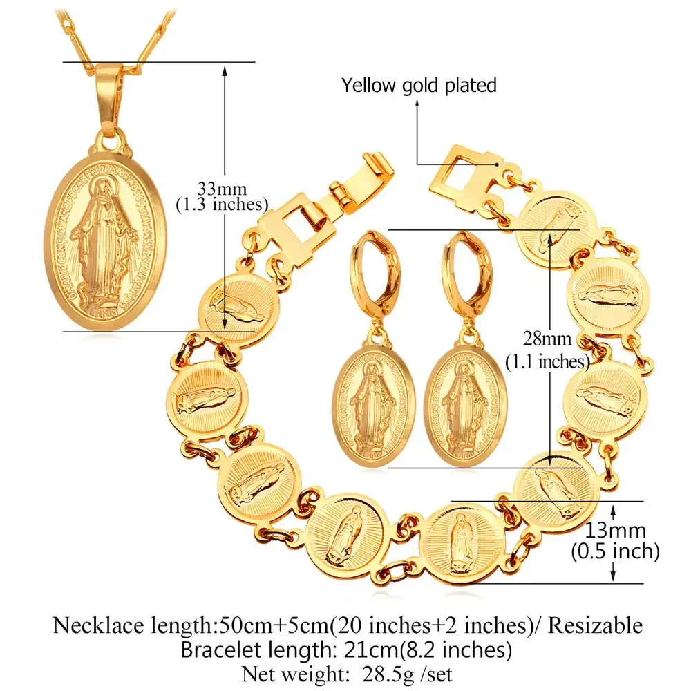 U7 Virgin Mary Earrings Bracelet Necklace Set for Women Gold/Silver Color Oval Medal Coin Classic Christian Jewelry Sets S681