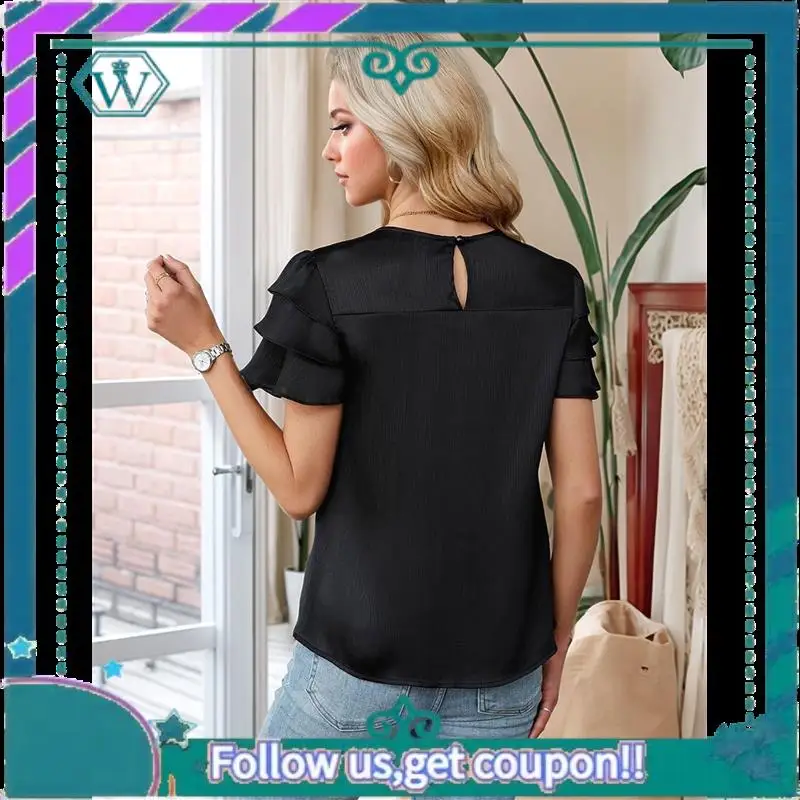 

A09P Womens Satin Dressy Casual Blouses Ruffle Sleeve Textured Tops Shirred Summer Shirt