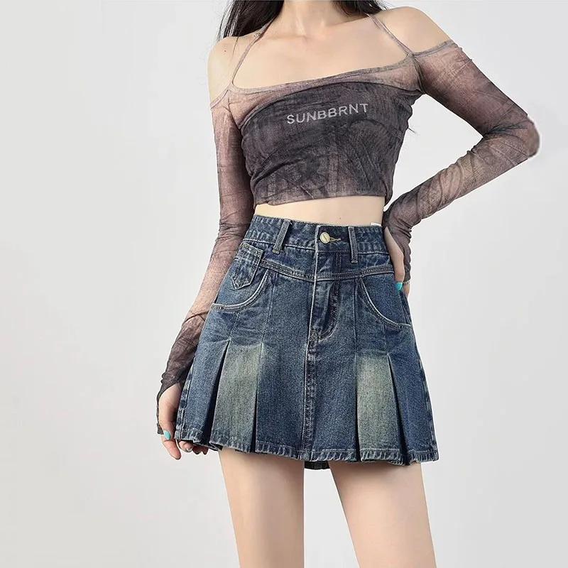Gonna di jeans a pieghe vintage donna estate 2025 nuova vita alta una linea tasca blu mini gonne ragazze casual breve Saia femminile