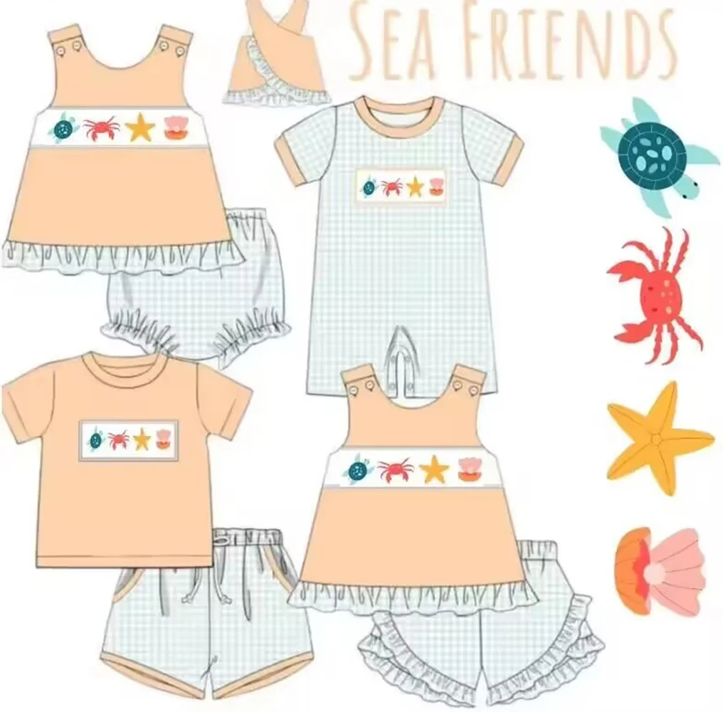 summer clothes Baby Sets sea Friends Series Turtle Crab Star Shell Print Short Sleeve Shorts Set Sibling Matching Set boy romper