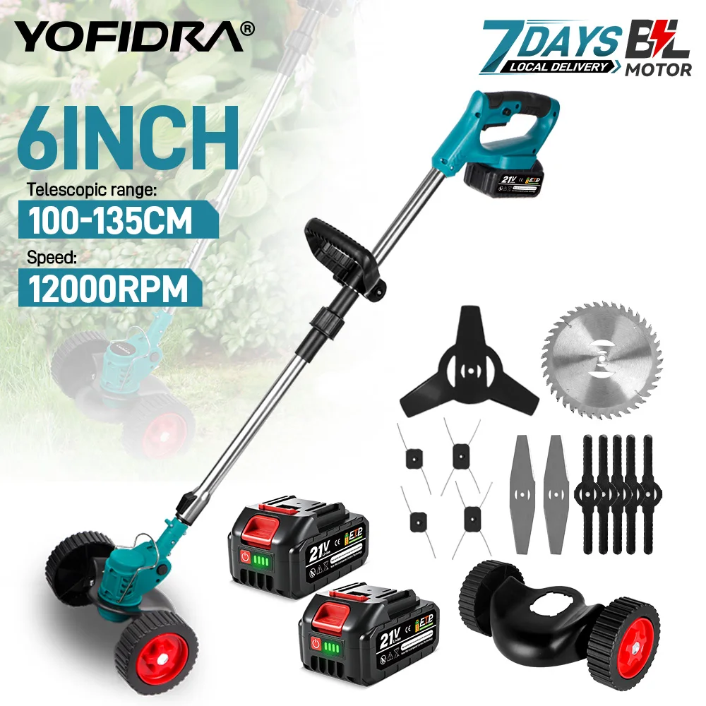 Image of YOFIDRA Elektrischer Rasenmäher, kabelloser Garten-Grasschneider, 100-135 cm Länge, Schneidwerkzeug für Makita 18-21V Akku.