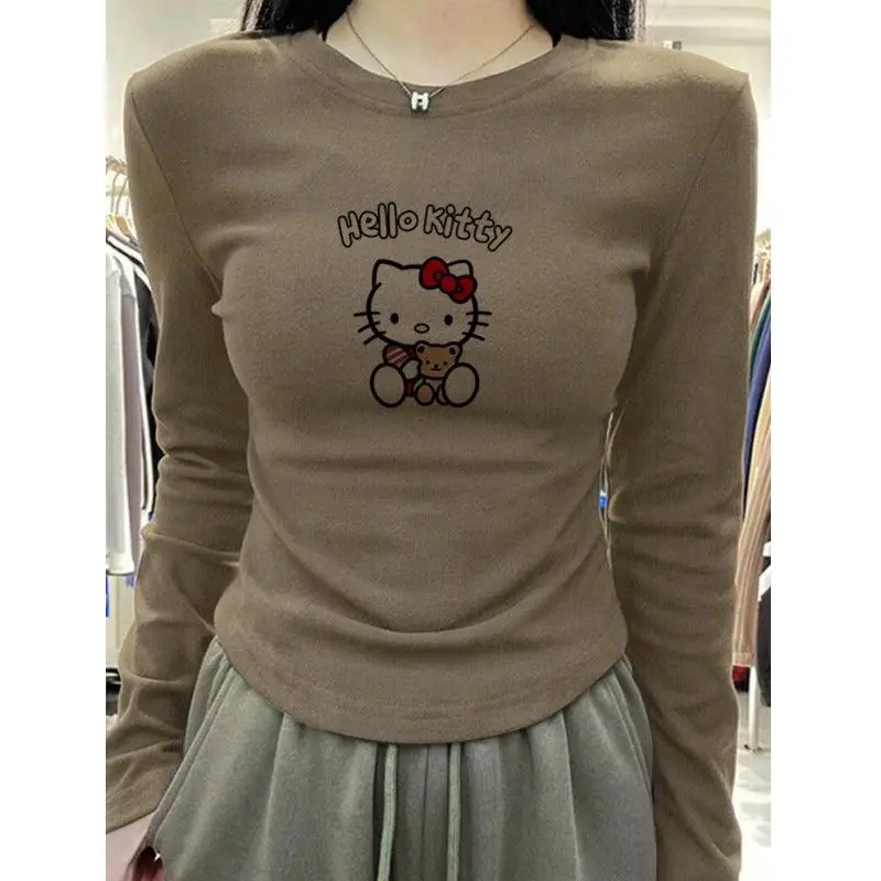 Anime Hello Kitty Long Sleeve T-Shirt Sanrioed Kawaii Tops Spring Student Girls Bottoming Shirt O-Neck Slim Fit Tops Loose Cute