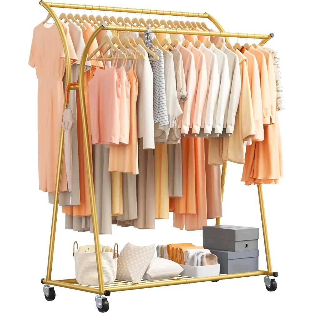 

Clothing Rack with Wheels Heavy Duty Clothes Racks for Hanging Clothes 270LBS Gold Portable Clothes Rack Double Rod Garment Rac