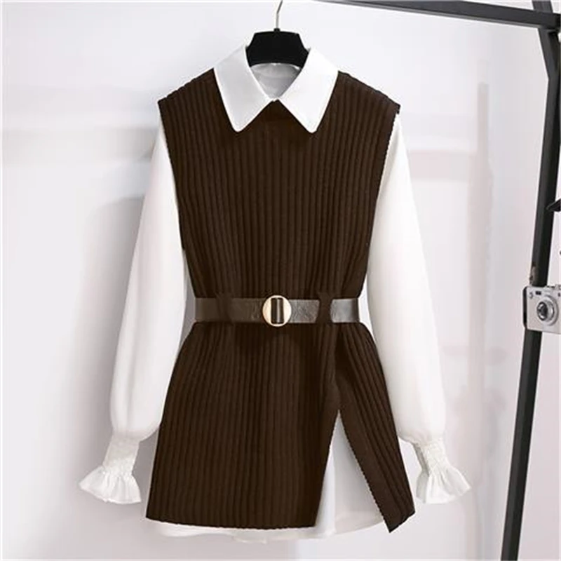 Two Piece Set for Women Autumn Winter Fashion Slit Elegant Knitted Sweater Vest White Chic Long Sleeve Shirts Office Lady Outfit