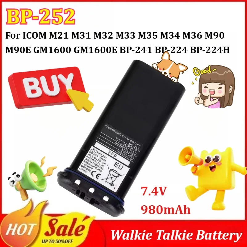 New BP-252 7.4V 980mAh Walkie Talkie Battery for ICOM M21 M31 M32 M33 M35 M34 M36 M90 M90E GM1600 GM1600E BP-241 BP-224 BP-224H