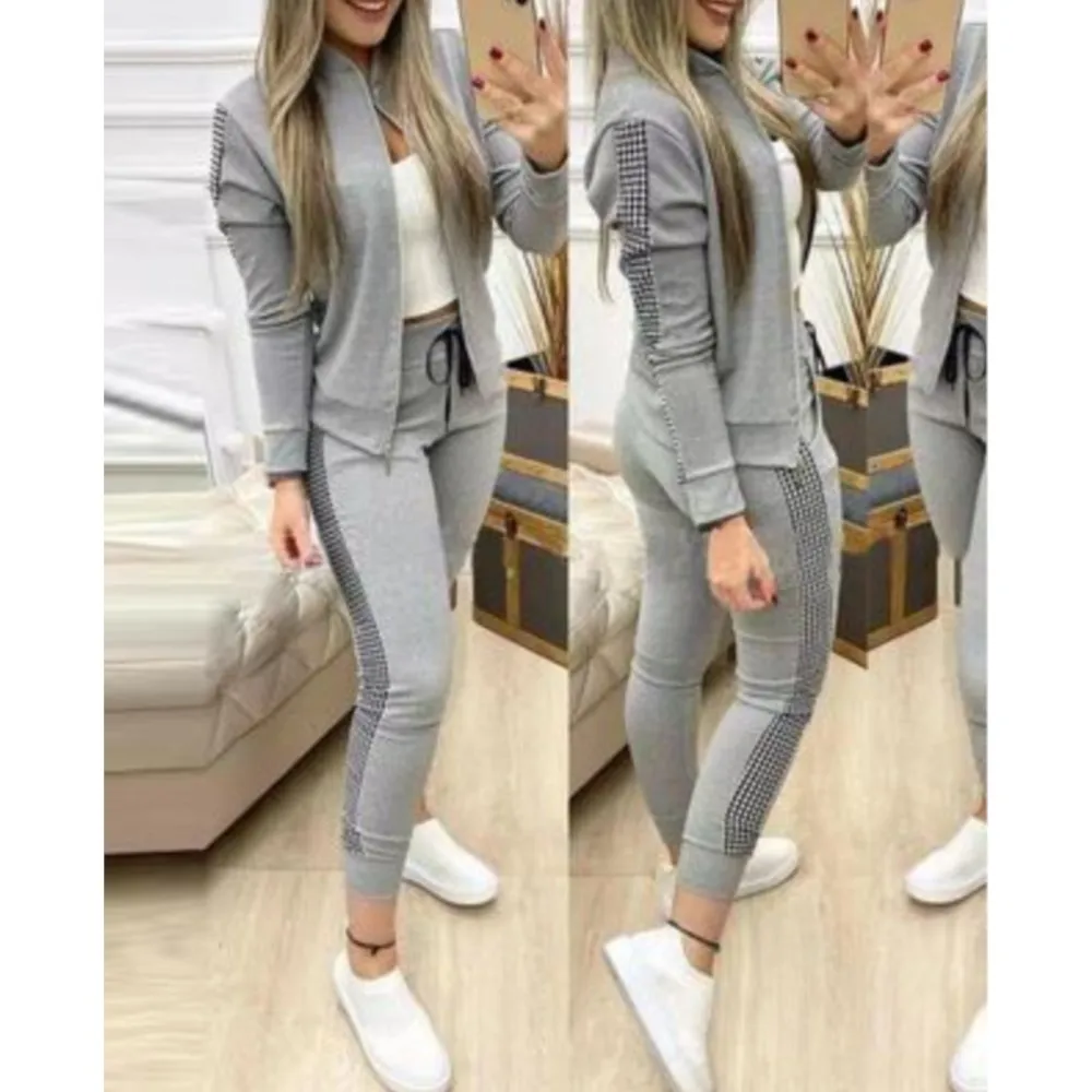 Athleisure Zipper Jacket Women's Suit Spring Fashion Patchwork Plaid Slim Fit Timid Feet Trousers Female 2 Piece Set 2025