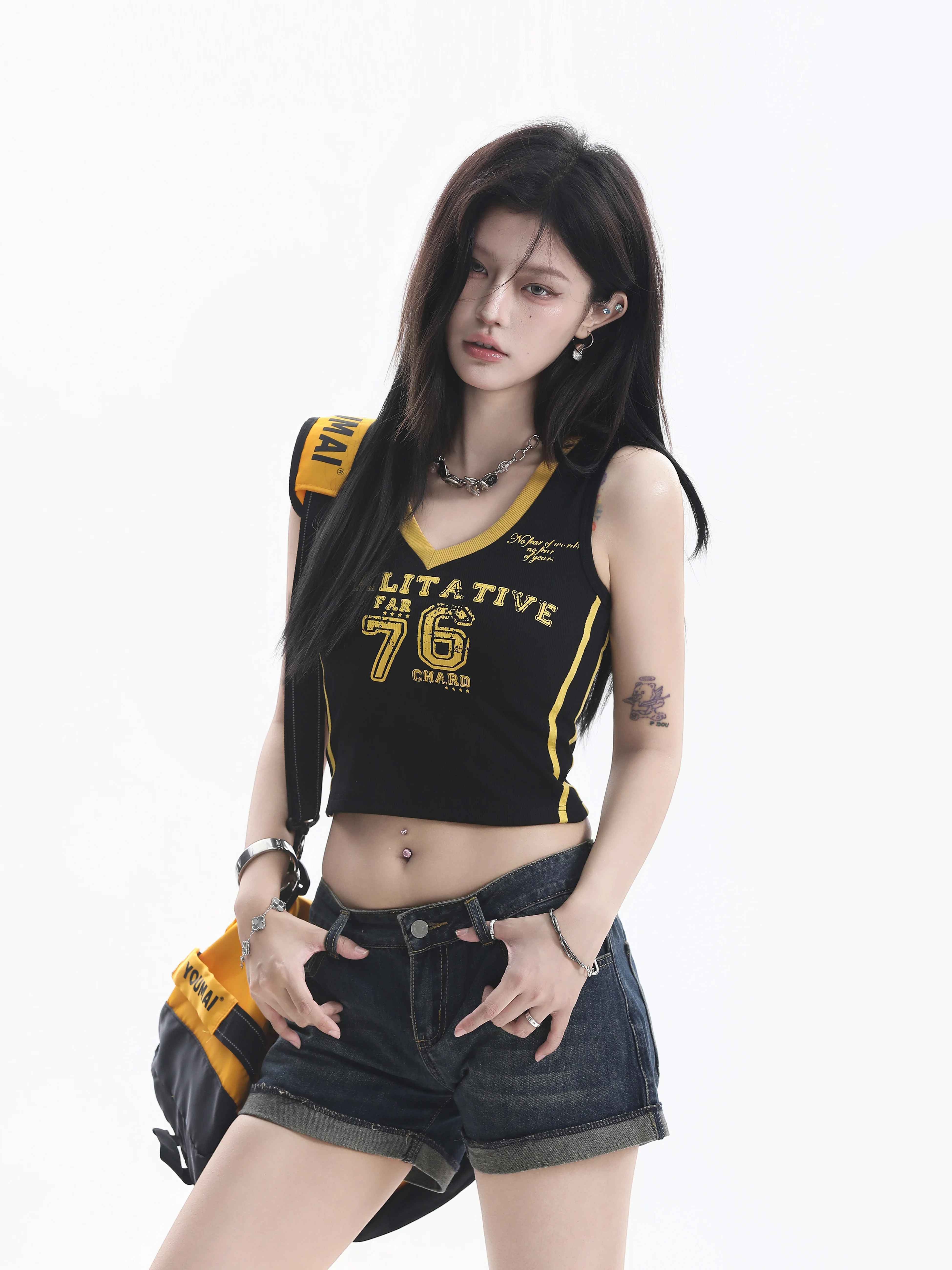 Slim Fit American Style Number Print V-neck Vest Women Summer Short Sporty Hot Girl Cotton Blend Elastic Fiber Casual Top