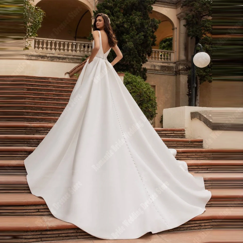 Simple Satin A-Line Wedding Dresses For Women Party Elegant V-Neck Sleeveless Bridal Gowns Princess Ball Vestidos De Novias 2025