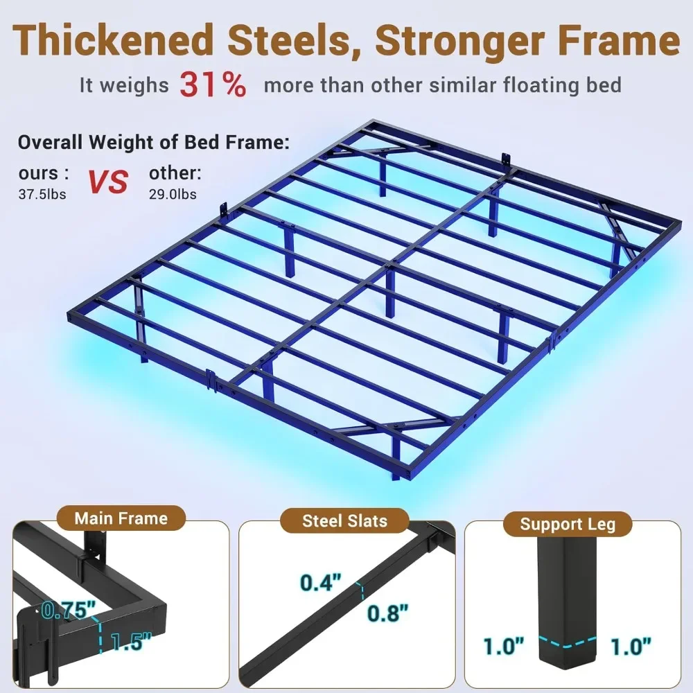 Floating Bed Frame Full Size with LED Lights, Metal Platform Full Bed, No Box Spring Needed, Easy to Assemble