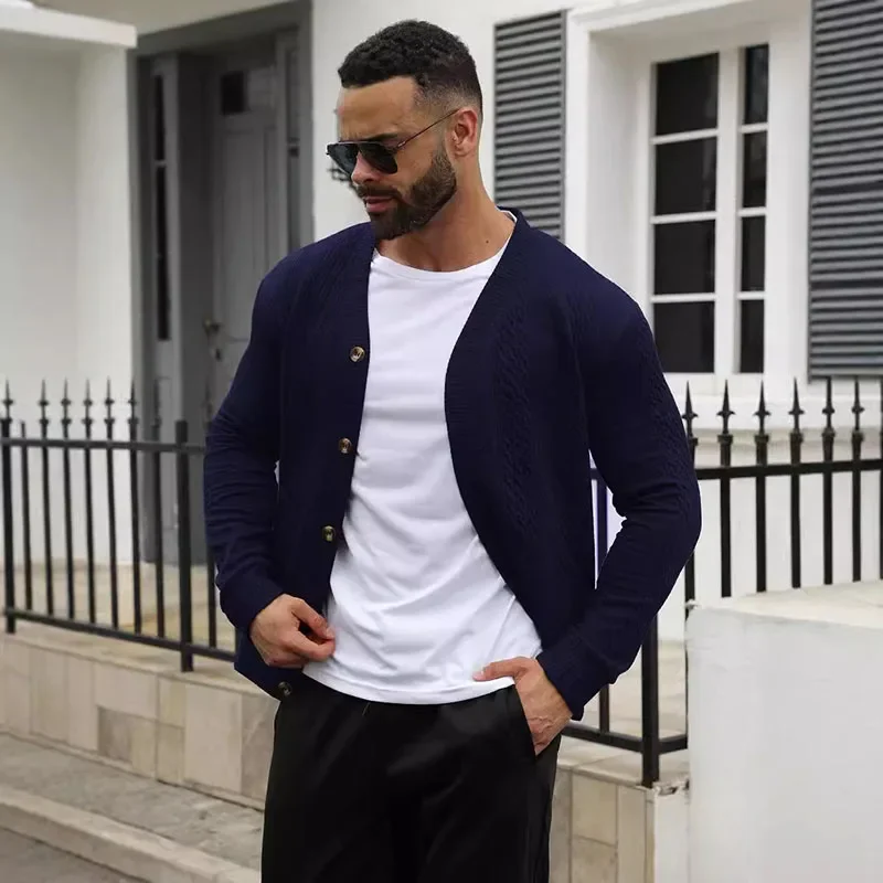 

Европейско-американские модные мужские куртки-кардиганы, повседневные тонкие однобортные трикотажные изделия с v-образным вырезом, мужская однотонная осенняя одежда с длинными рукавами
