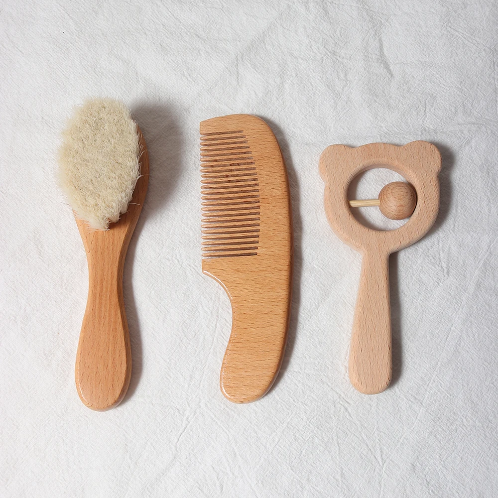 baby comb brush set newborn gift set Natural Wool beech Wooden Comb baby bib pacifier clip  Kids  Baby Hair Brush 