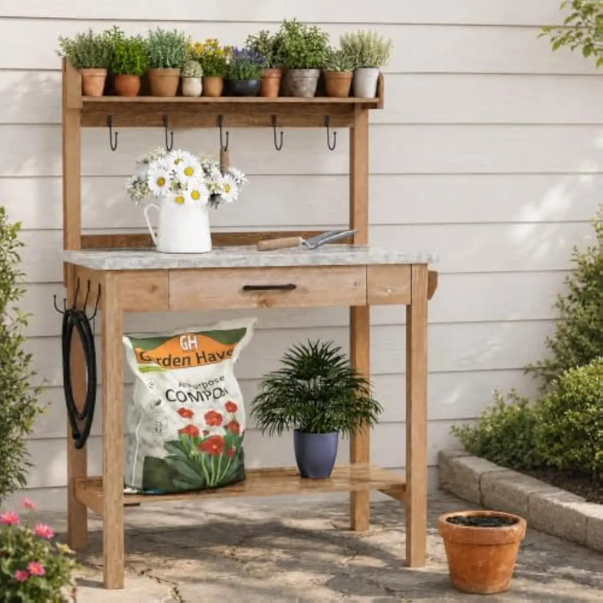 Outdoor Potting Bench with Metal Tabletop and Storage Drawer, Wooden Garden Work Station with Removable Shelf and Hooks for Patio Backyard