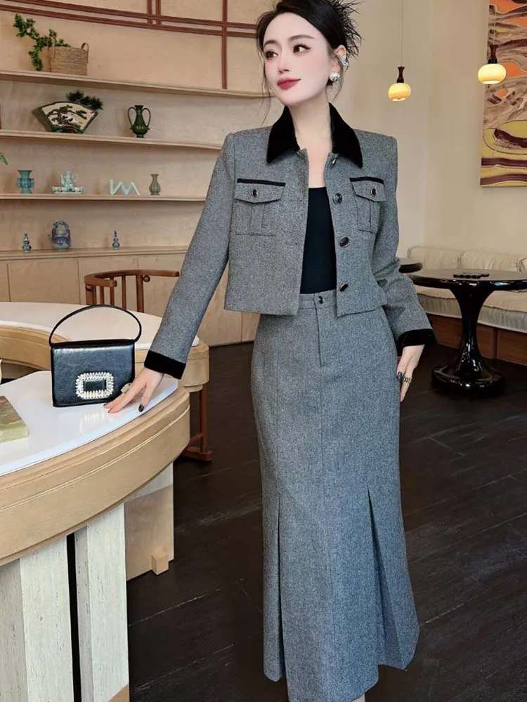 ZJYT Autumn Winter Woolen Jacket Suit with Skirt 2 Piece Matching Set for Women Elegant Long Sleeve Grey Outfit Midi Dress Sets