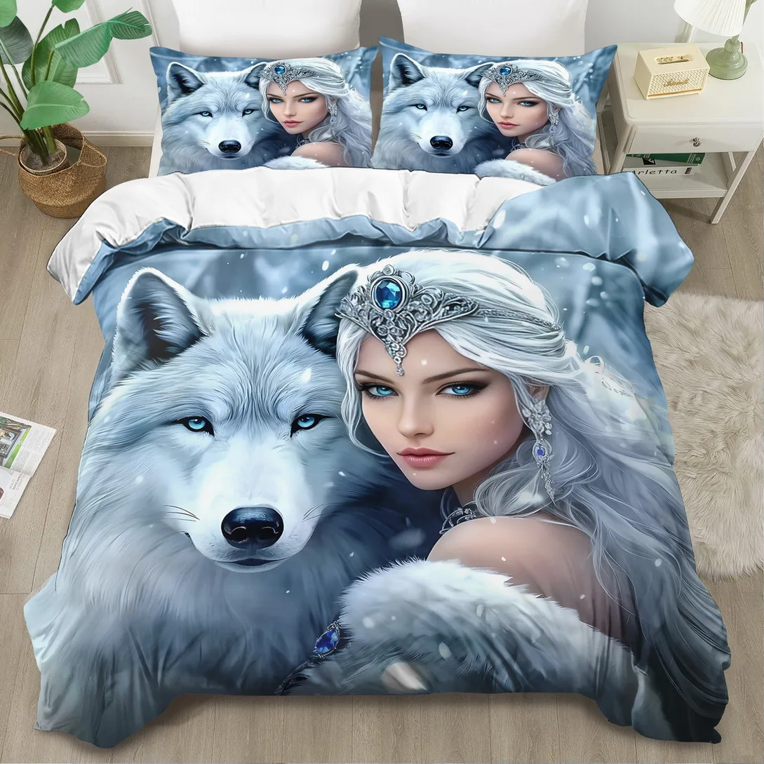 Princess And Wolf Print Duvet Cover Set, King Queen Style bedding, Machine Washable Bedroom Guest Room, Birthday Gift