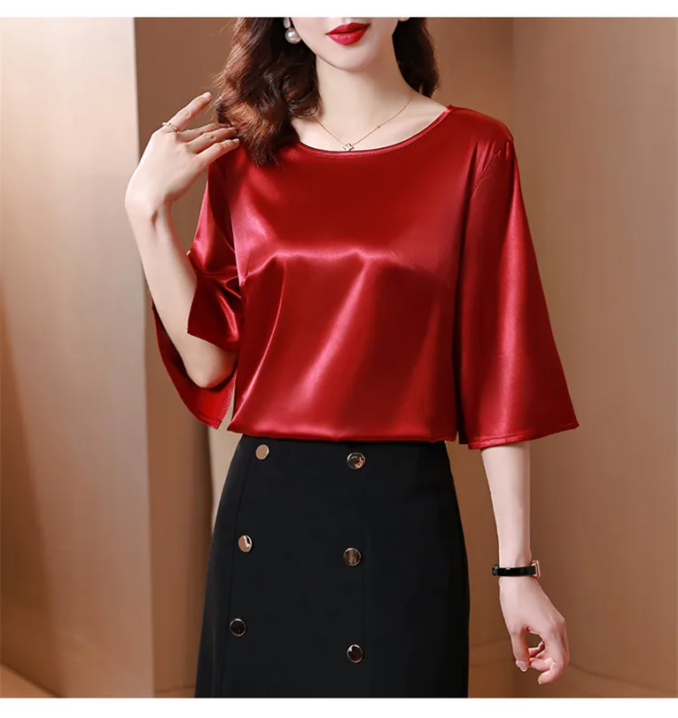 2026 Spring and Autumn New All-match O-neck Three-quarter Flared Sleeve Acetate Satin Blouse tops Basic Simple Ice Silk Shirts