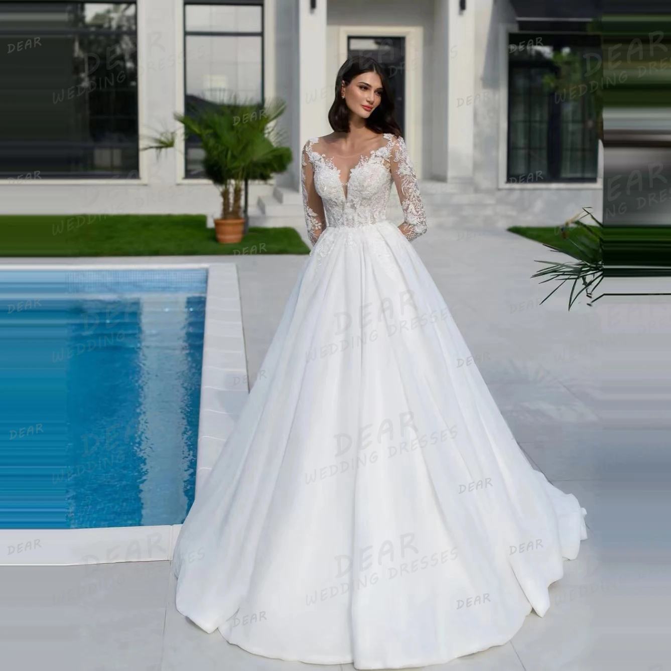 

Exquisite Appliques Wedding Dresses A-Line Sexy Sweetheart Women's Illusion Long Sleeve Fluffy Bridal Gowns Vestidos De Novia