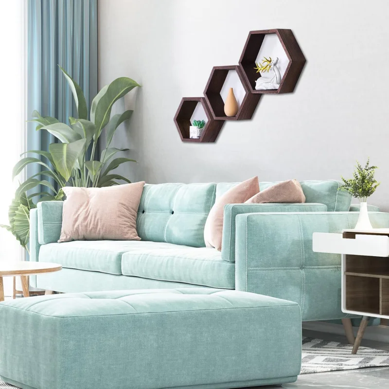 1Pc Hexagonal Floating Shelf, Honeycomb Wooden Wall Storage Decor for Living Room Bedroom Kitchen Office, 3 Sizes Available