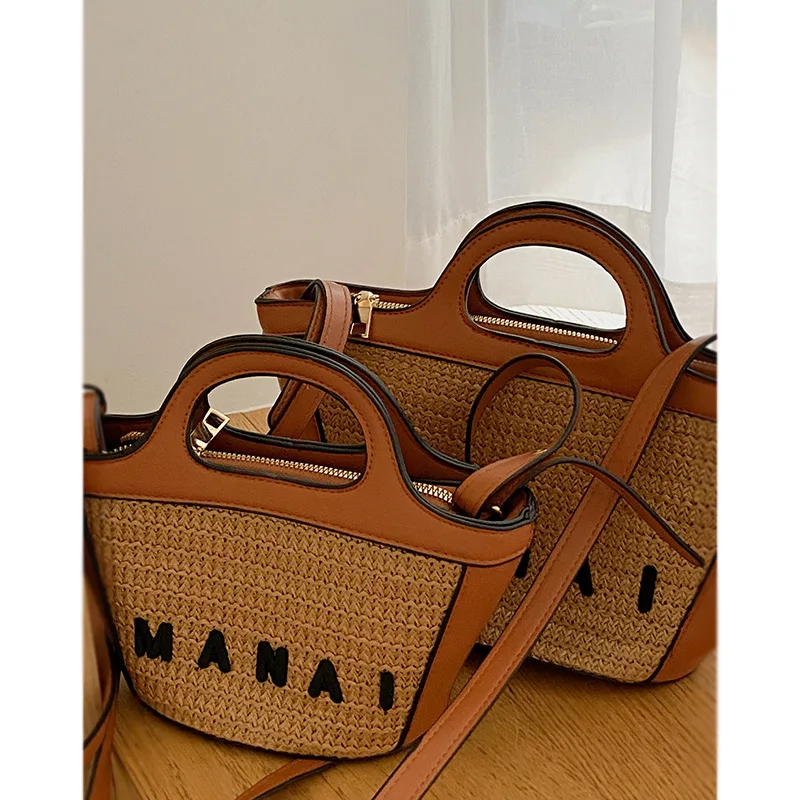 Luxury Straw Basket Bag Women Handbags Splicing Letter Shoulder Crossbody Bag Bohemian Rattan Bags for Women 2024 Designer Bags