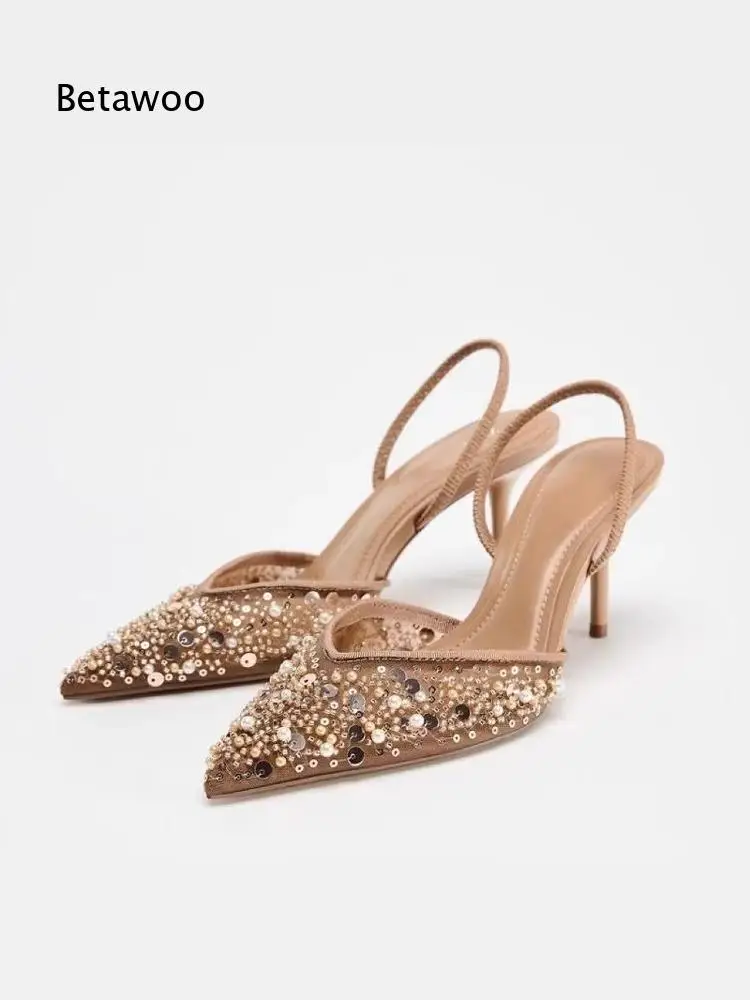 Spring Women's Pearl Embellished Beige High Heels Mesh Open Toe Thin High Heel Mule Sandals Breathable Low Cut Rubber Sole