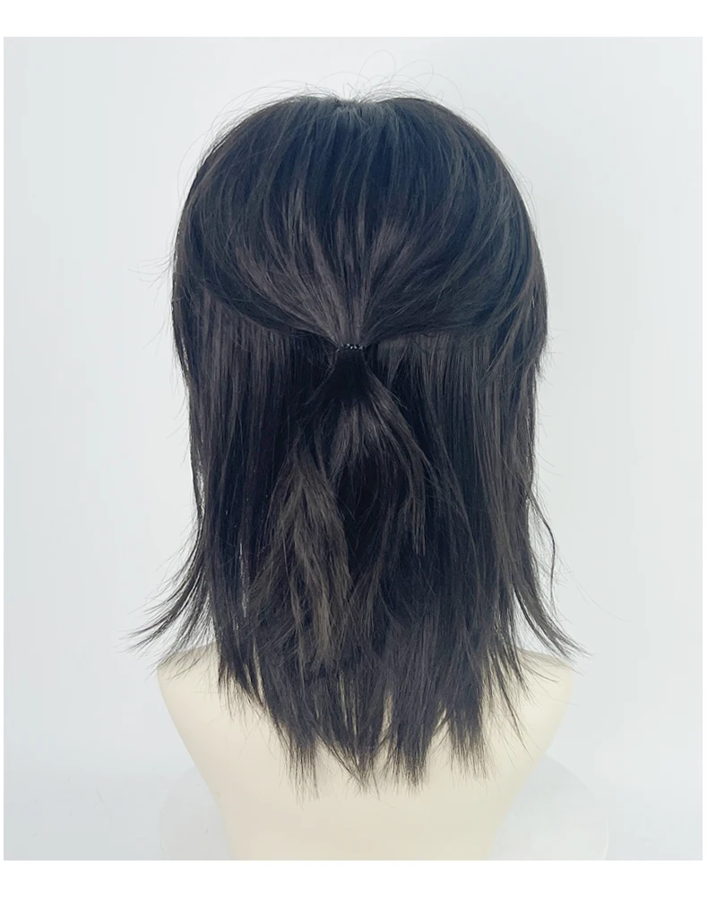 Short Synthetic Straight Mullet Head Wig Black Fluffy Natural Wolf Tail Hair Men and Women Wig for Daily Party Cosplay