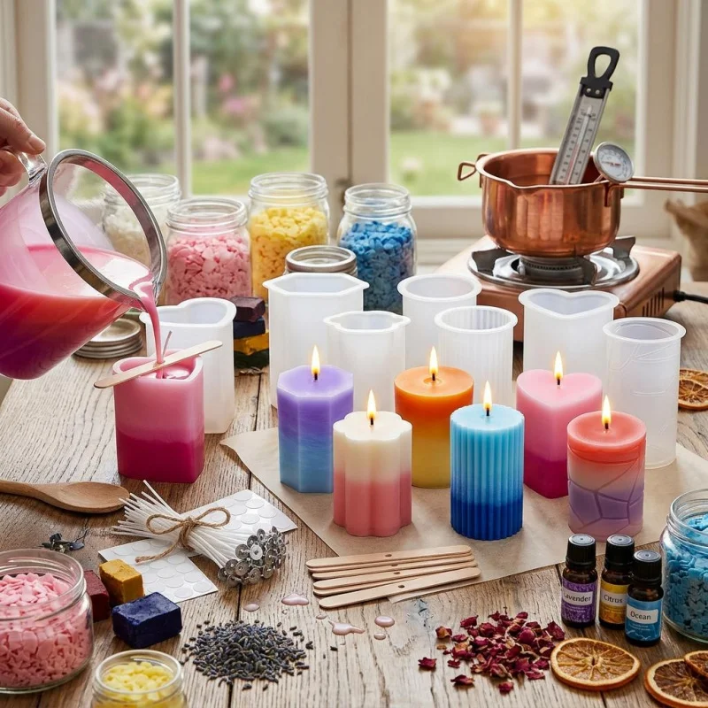 6Candle Silicone Mold Kit，One Pack6A candle mold used for casting，Candle molds of different shapes，Including50 Wick， 6 A bracket
