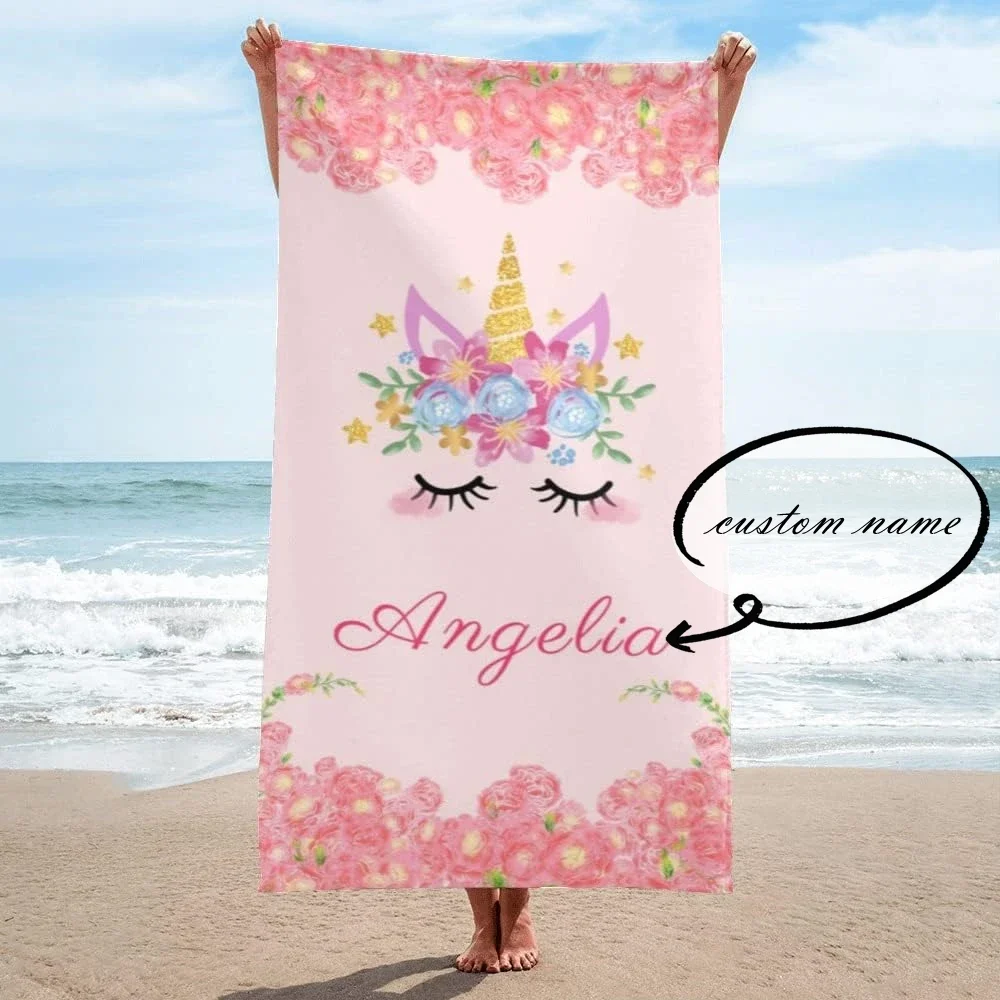 Unicorn Beach Towel for Girls Boys Swim Sport Travel Personalized Beach Towels with Name Sand Free Quick Dry Custom Bath Towel