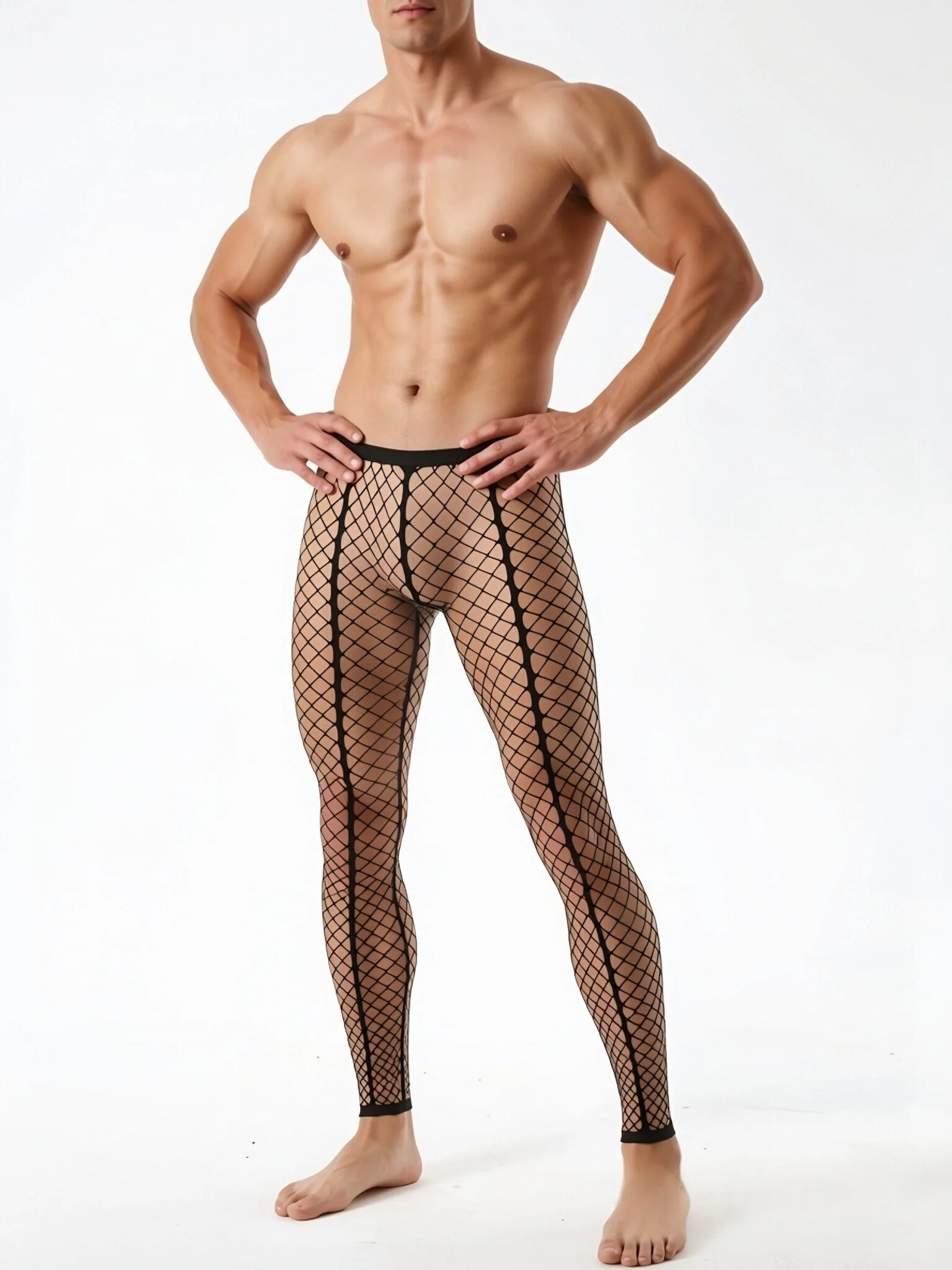 Men Fishnet Mesh Shapewear Pants 3 Styles Optional Hollow Striped See-through Tights High Elastic Body Shaping Leggings Male Und
