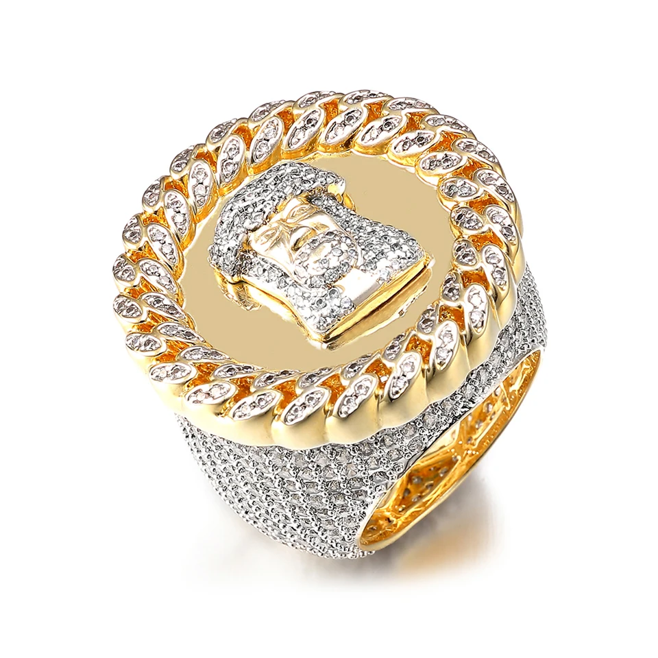

VANAXIN Hip Hop Men Jesus Pharaoh Round Ring 14k Gold Color Micro Paved Cubic Zirconia Stone Jewelry