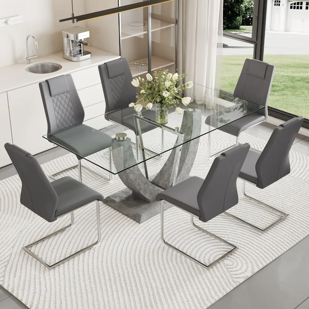 

7 Pc Dining Table Set, Tempered Glass Dining Table and Chairs Set, with 6 Chairs,71” Dining Room Table Set