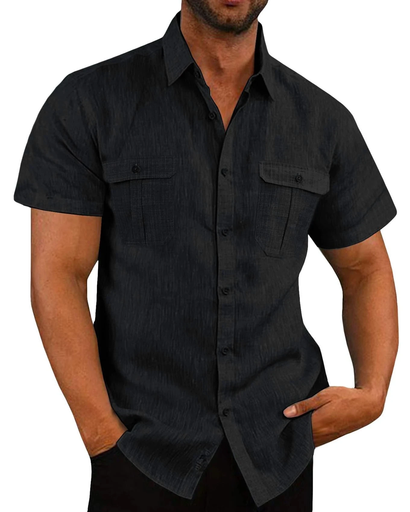 Camisas de manga corta de lino y algodón para hombre, camisas informales de Color sólido con cuello levantado, estilo playero, talla grande, gran