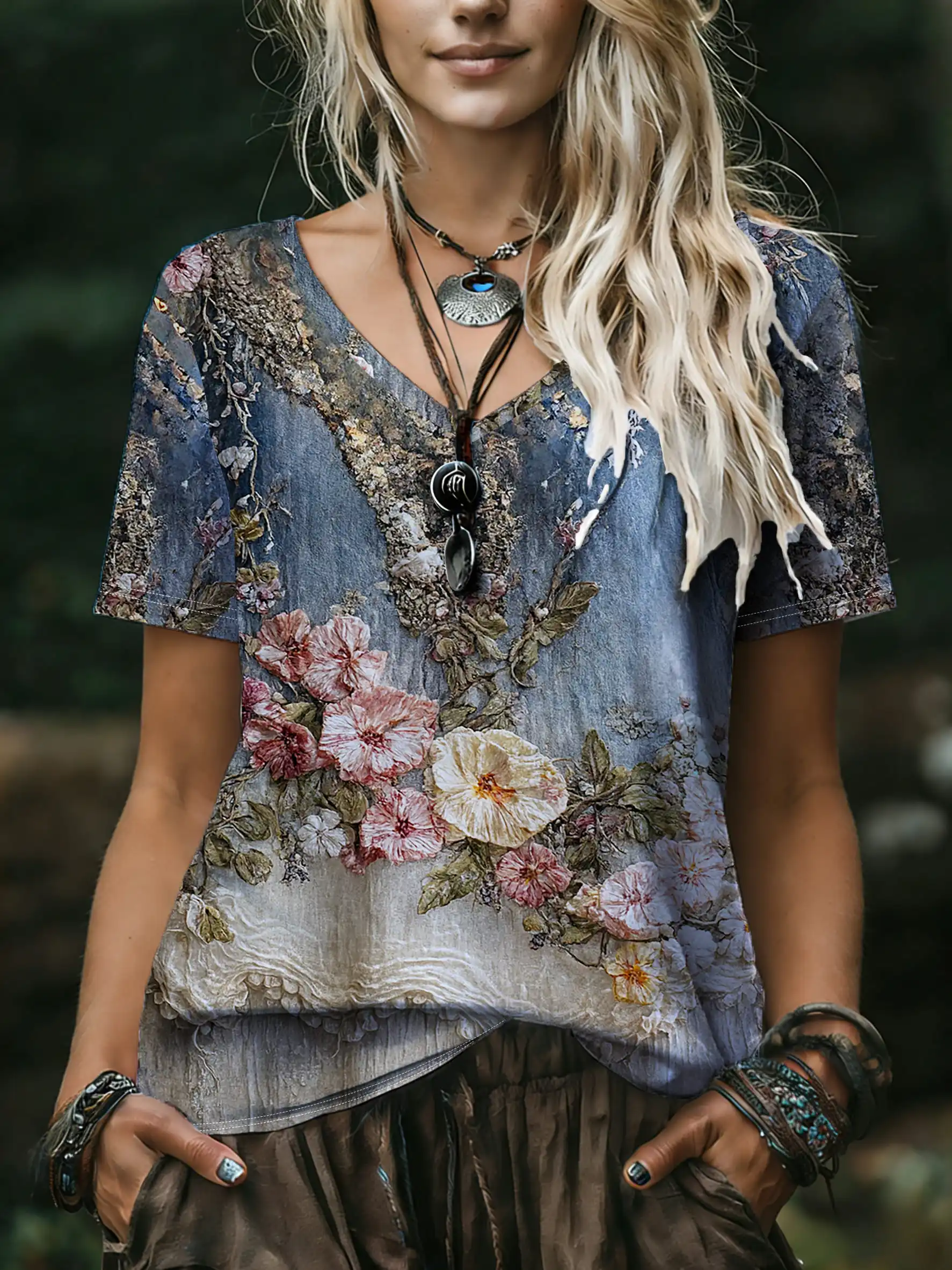 Women V‑Neck Short Sleeve Top Vintage Oil Painting Floral Print Boho Loose Casual Ladies Blouse