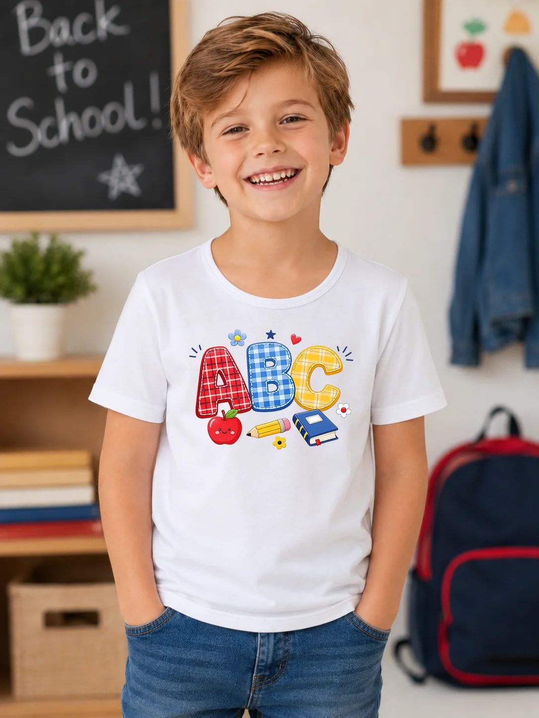 Back To School Kids T-shirt Boys Plaid ABC Letter Apple Pencil Print Soft Cotton Short Sleeve Tee