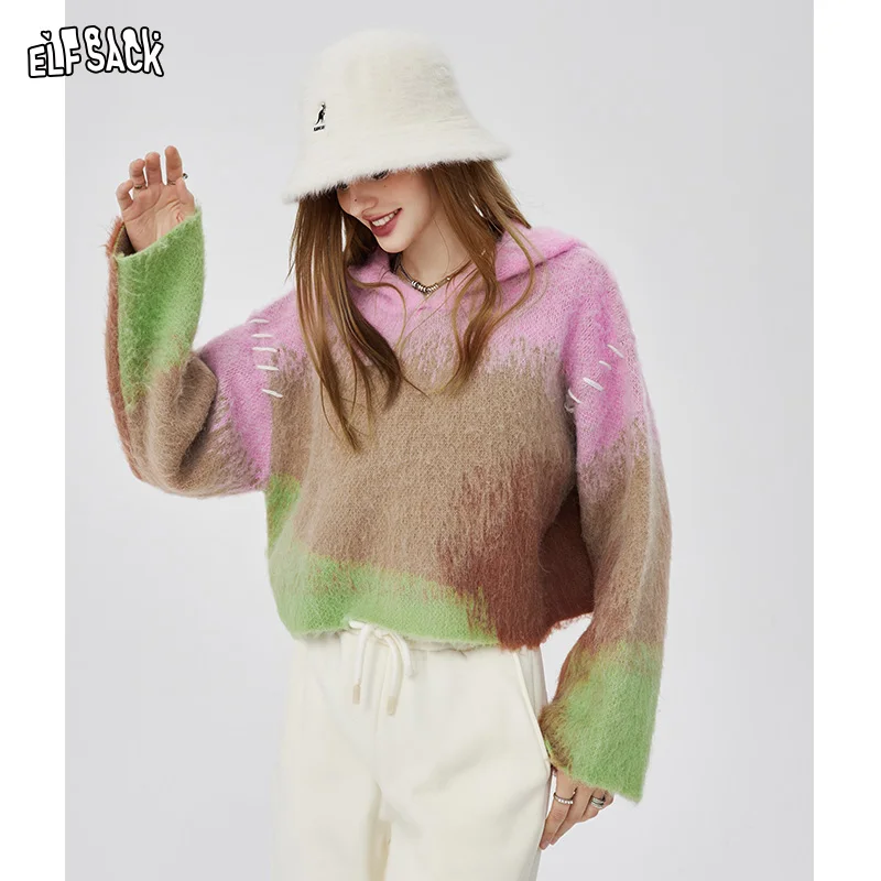 

ELFSACK Brown Sweater Women 2024 Spring Mixed colour sweater Basic Daily Tops