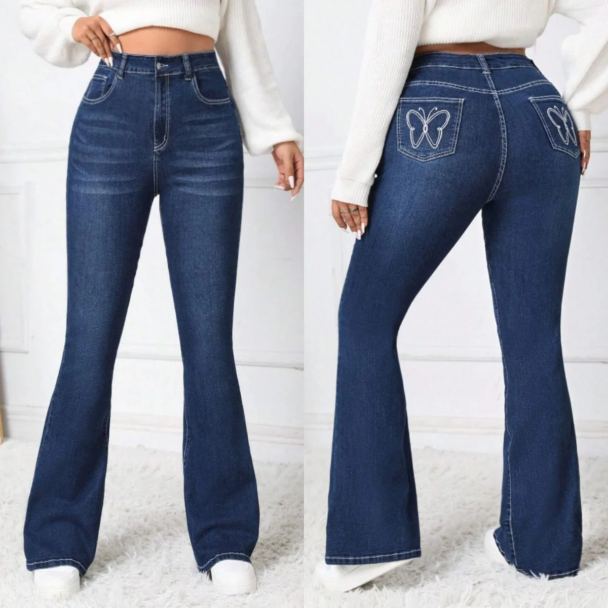 2024 Spring New Women\'s High Waist Boot Cut Jeans Fashion Slim Fit Stretch Butterfly Embroidered Flare Jeans Skinny Trousers