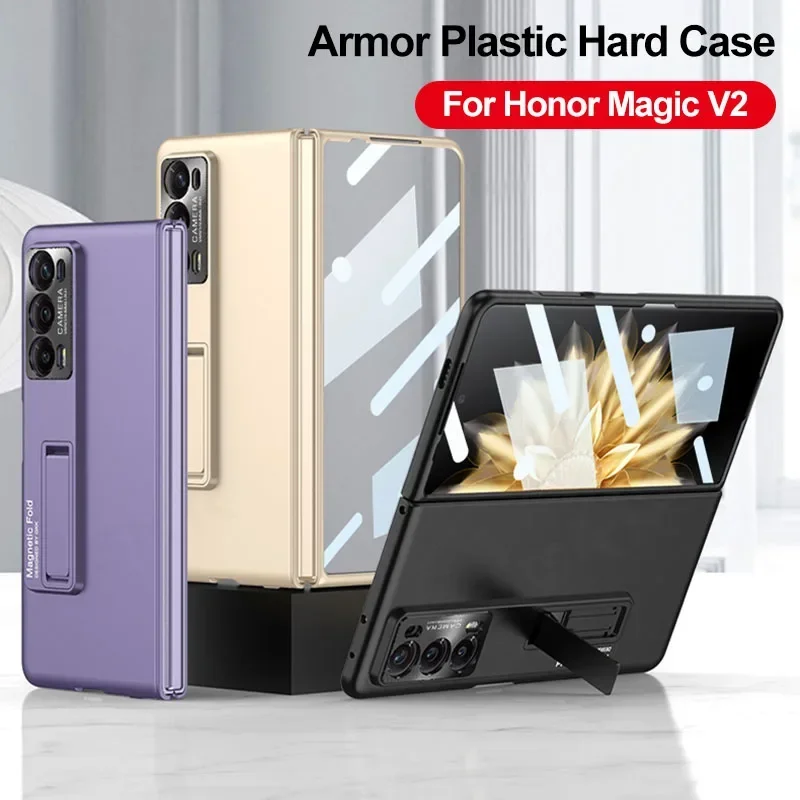 Shockproof Armor Plastic Case for Huawei Honor Magic v2 Case With Tempered Glass Film Stand Matte Hard Cover for Honor Magic v2