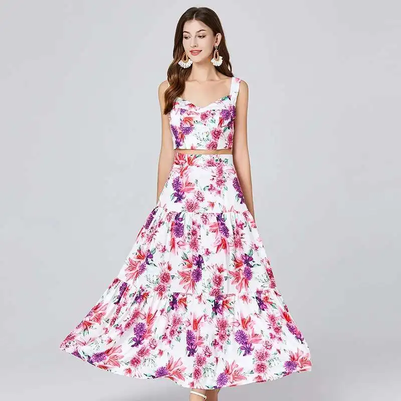 

JAMERARY Floral Two Piece Set Women Print Skirts Suits Sexy Crop Tops Chest Wrap Corset Zipper Long Maxi Skirts Beach Wear