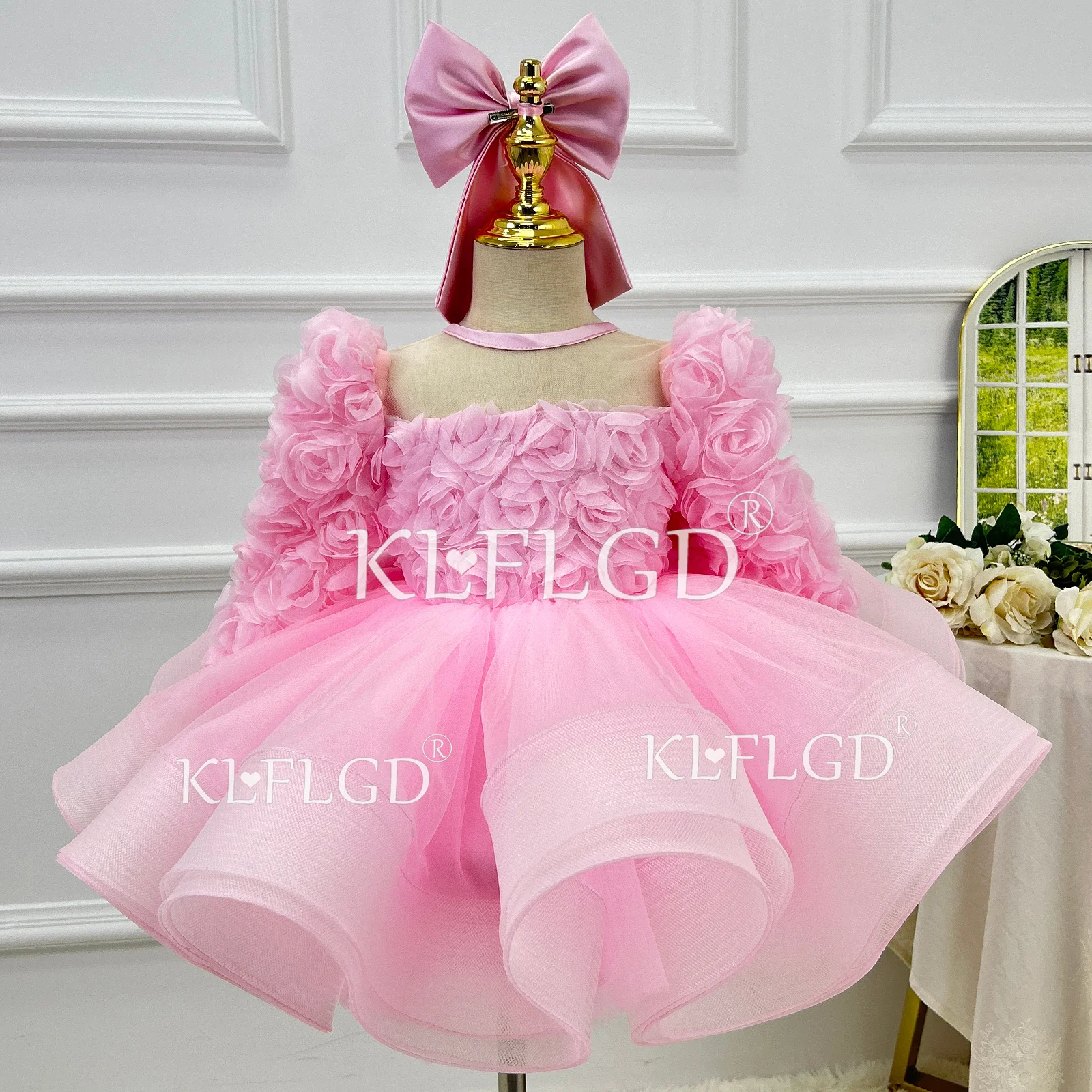 KLGFLD Pink Elegant Girl Party Dress Kids Dress up Dance Party Evening Dress Long Sleeve Bow Fluffy Cake Skirt Children's Dress