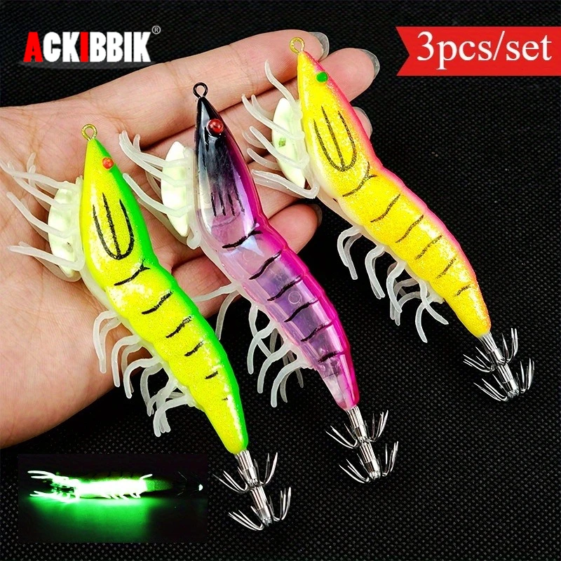 

Ackibbik 3 шт. светящиеся рыболовные приманки для креветок, каракатицы, рыболовные аксессуары, крючок для кальмара, осьминог, креветка, приманка для креветок, рыболовные принадлежности